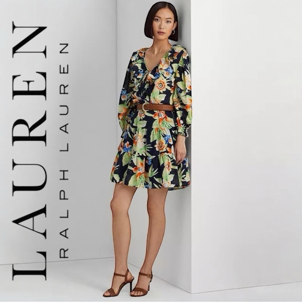 RALPH LAUREN Floral Ruffled Cotton Voile Tasseled Mini Dress V-Neck Lined Size 6